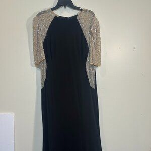 Xscape Caviar Beaded Mesh Short Sleeve Crew Neck Jersey Sheath Gown Size 14